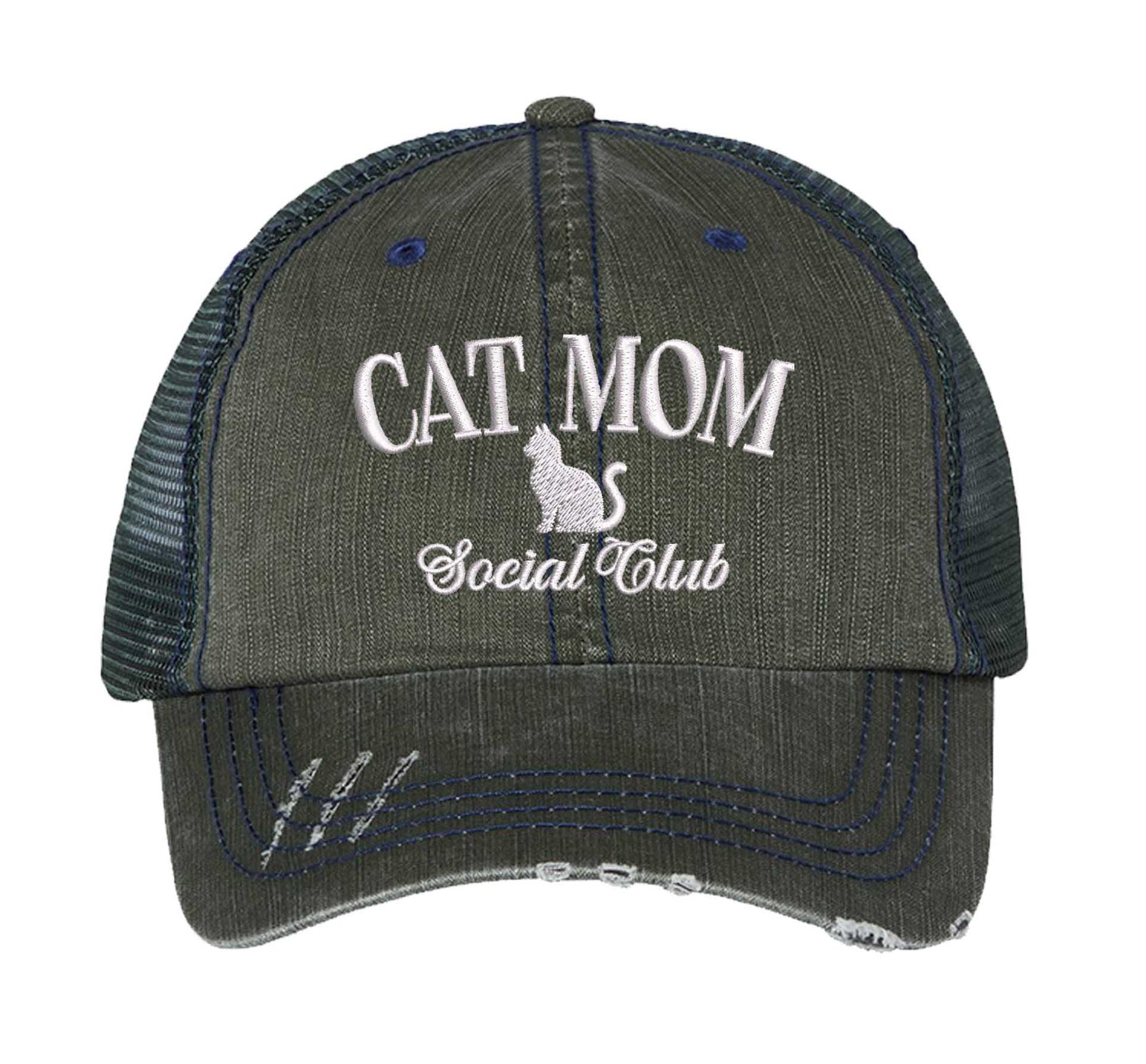 Dark Green Cat Mom Social Club Distressed Trucker Hat. This premium vintage-style cap is the perfect gift for the unapologetically bold, featuring a breathable mesh back and custom embroidery. - DSY Lifestyle