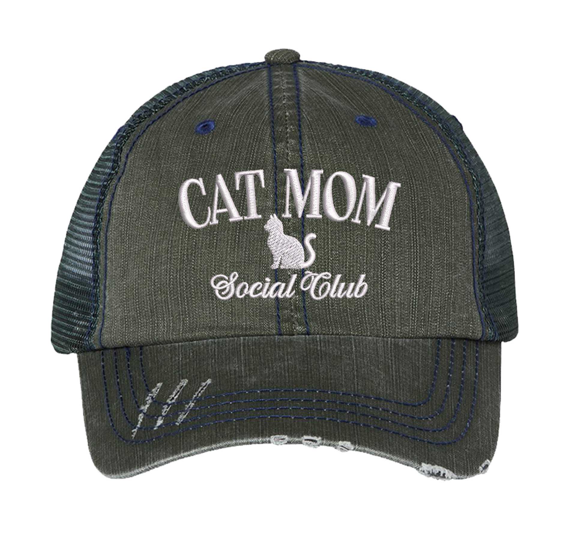 Dark Green Cat Mom Social Club Distressed Trucker Hat. This premium vintage-style cap is the perfect gift for the unapologetically bold, featuring a breathable mesh back and custom embroidery. - DSY Lifestyle