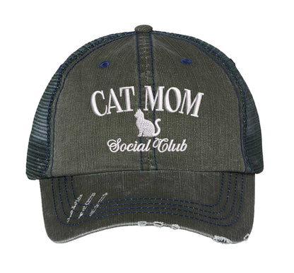 Dark Green Cat Mom Social Club Distressed Trucker Hat. This premium vintage-style cap is the perfect gift for the unapologetically bold, featuring a breathable mesh back and custom embroidery. - DSY Lifestyle