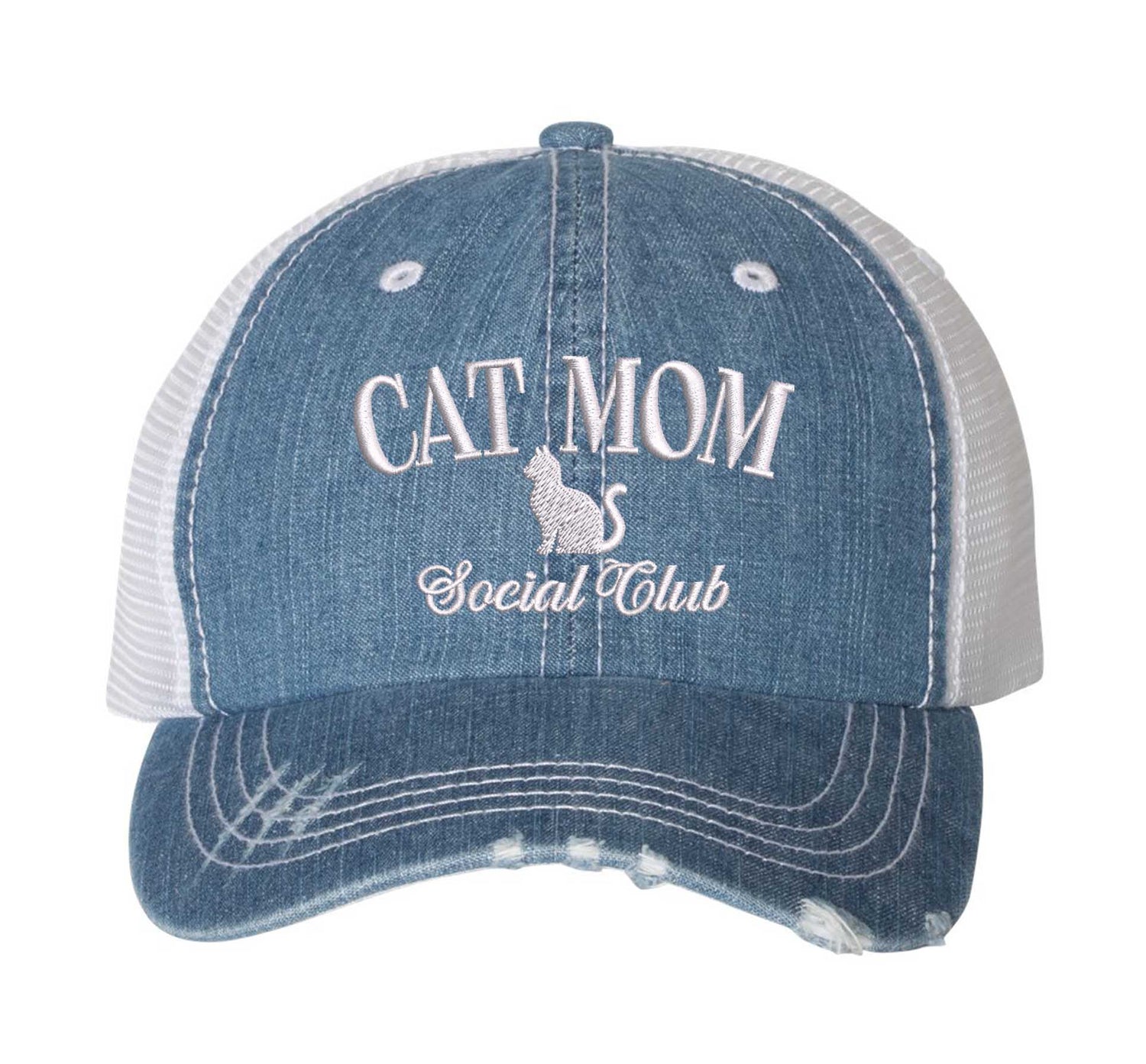 Denim Blue Cat Mom Social Club Distressed Trucker Hat. This premium vintage-style cap is the perfect gift for the unapologetically bold, featuring a breathable mesh back and custom embroidery. - DSY Lifestyle