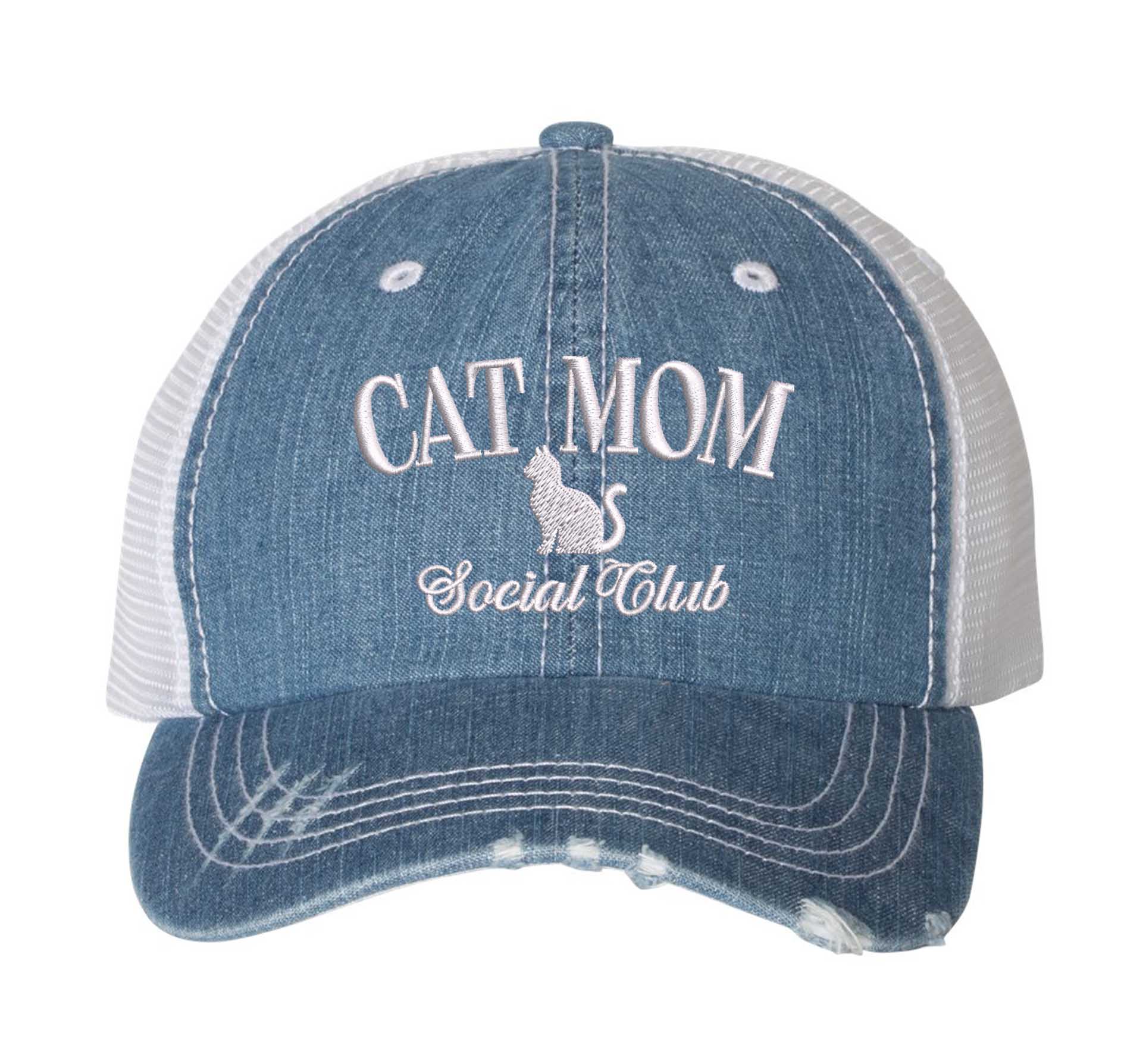 Denim Blue Cat Mom Social Club Distressed Trucker Hat. This premium vintage-style cap is the perfect gift for the unapologetically bold, featuring a breathable mesh back and custom embroidery. - DSY Lifestyle