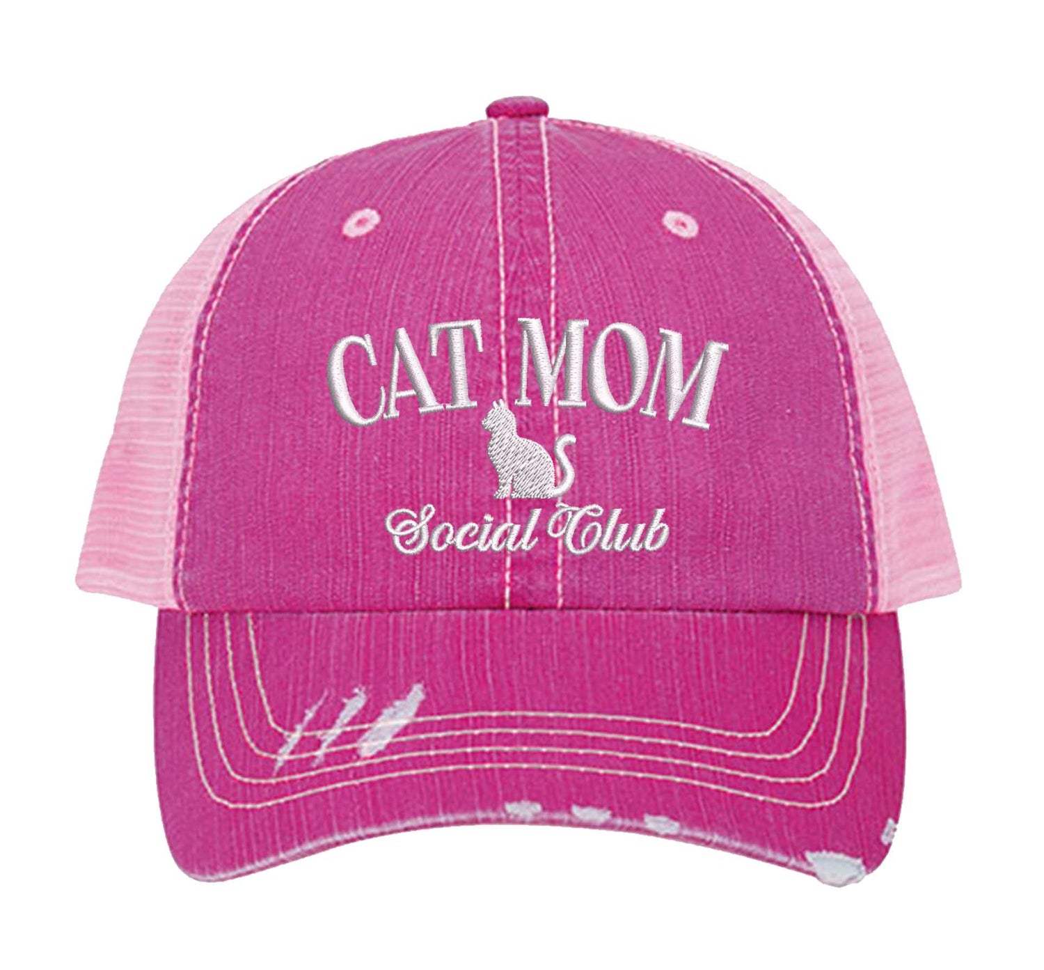 Hot Pink Cat Mom Social Club Distressed Trucker Hat. This premium vintage-style cap is the perfect gift for the unapologetically bold, featuring a breathable mesh back and custom embroidery. - DSY Lifestyle