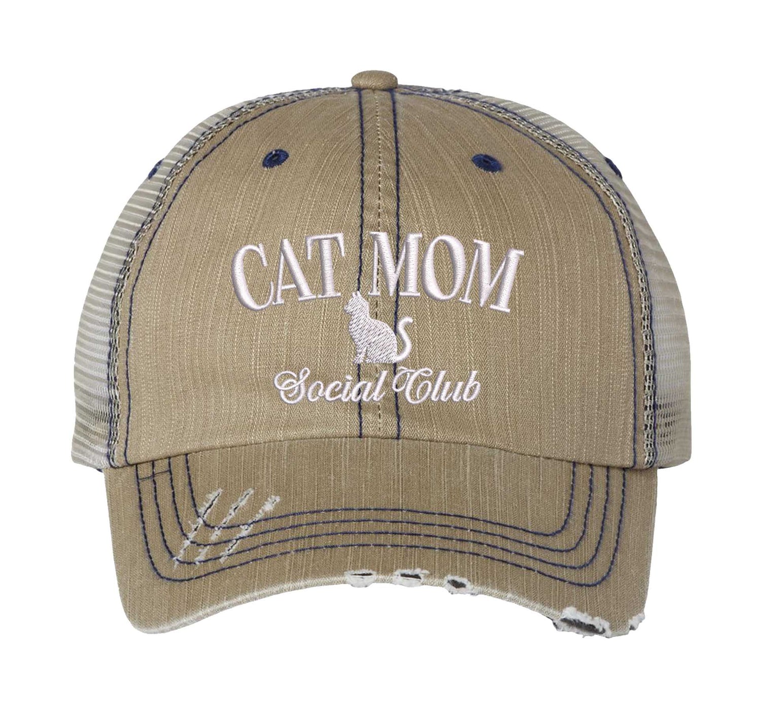 Khaki Cat Mom Social Club Distressed Trucker Hat. This premium vintage-style cap is the perfect gift for the unapologetically bold, featuring a breathable mesh back and custom embroidery. - DSY Lifestyle