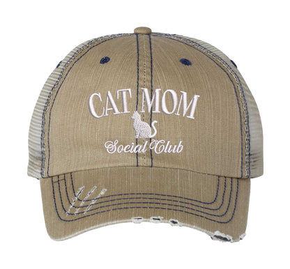 Khaki Cat Mom Social Club Distressed Trucker Hat. This premium vintage-style cap is the perfect gift for the unapologetically bold, featuring a breathable mesh back and custom embroidery. - DSY Lifestyle