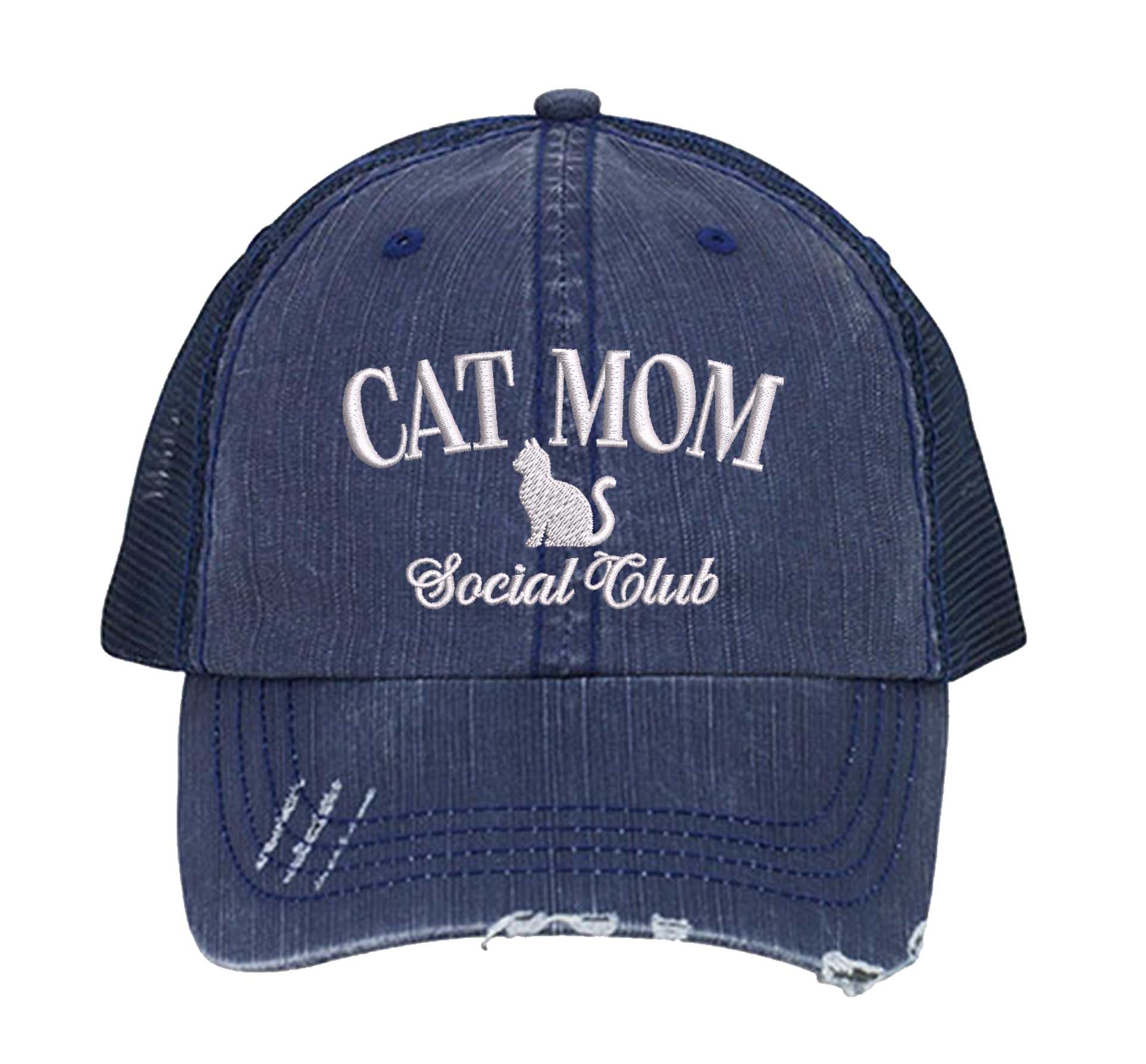 Navy Blue Cat Mom Social Club Distressed Trucker Hat. This premium vintage-style cap is the perfect gift for the unapologetically bold, featuring a breathable mesh back and custom embroidery. - DSY Lifestyle