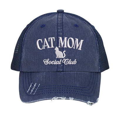 Navy Blue Cat Mom Social Club Distressed Trucker Hat. This premium vintage-style cap is the perfect gift for the unapologetically bold, featuring a breathable mesh back and custom embroidery. - DSY Lifestyle