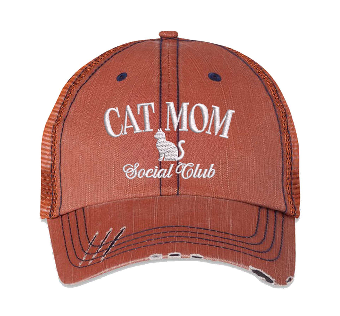 Orange Cat Mom Social Club Distressed Trucker Hat. This premium vintage-style cap is the perfect gift for the unapologetically bold, featuring a breathable mesh back and custom embroidery. - DSY Lifestyle