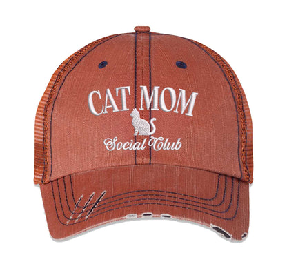 Orange Cat Mom Social Club Distressed Trucker Hat. This premium vintage-style cap is the perfect gift for the unapologetically bold, featuring a breathable mesh back and custom embroidery. - DSY Lifestyle