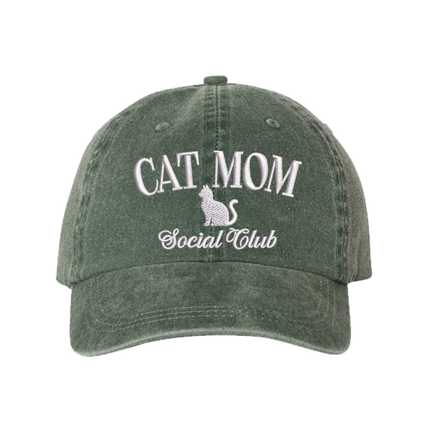 Dark Green Cat Mom Social Club Washed Statement Baseball Hat – a washed, relaxed-fit statement cap designed for everyday comfort and real-life moods. Trendy, adjustable, and effortlessly stylish. - DSY Lifestyle