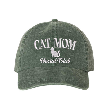 Dark Green Cat Mom Social Club Washed Statement Baseball Hat – a washed, relaxed-fit statement cap designed for everyday comfort and real-life moods. Trendy, adjustable, and effortlessly stylish. - DSY Lifestyle