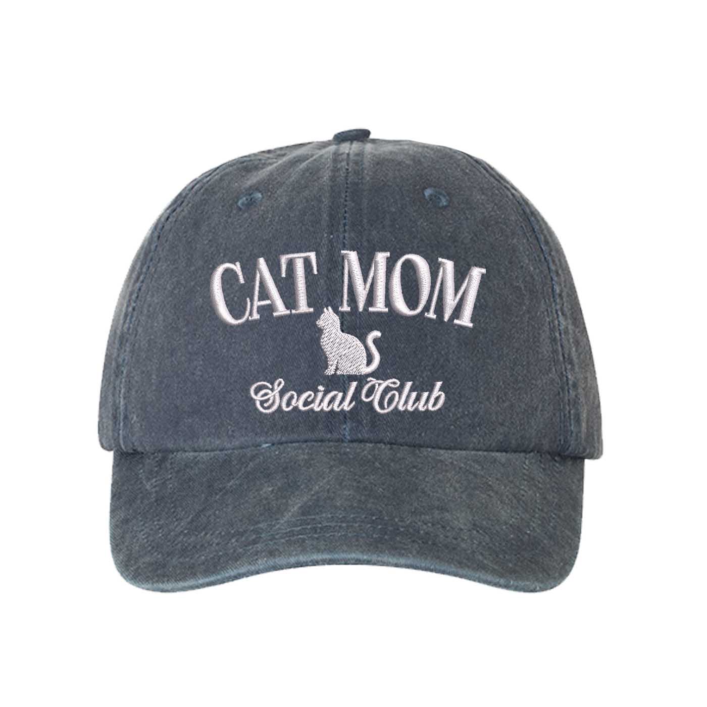 Navy Blue Cat Mom Social Club Washed Statement Baseball Hat – a washed, relaxed-fit statement cap designed for everyday comfort and real-life moods. Trendy, adjustable, and effortlessly stylish. - DSY Lifestyle