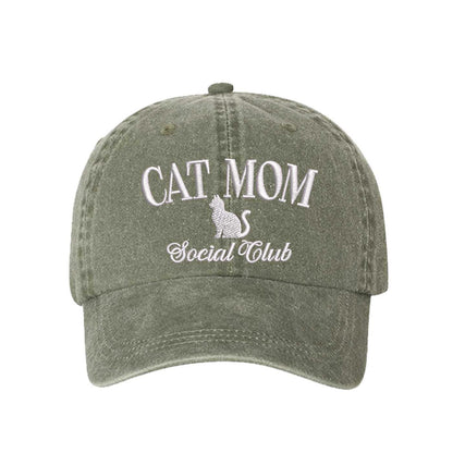 Olive Green Cat Mom Social Club Washed Statement Baseball Hat – a washed, relaxed-fit statement cap designed for everyday comfort and real-life moods. Trendy, adjustable, and effortlessly stylish. - DSY Lifestyle
