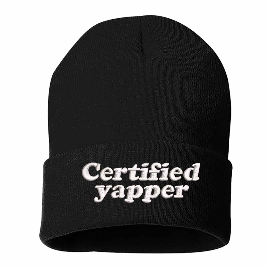 Black Certified Yapper Embroidered Beanie featuring premium stitching on a soft knit winter cap – DSY Lifestyle