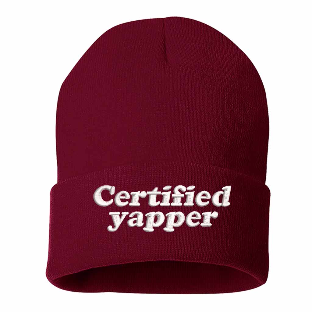 Burgundy Certified Yapper Embroidered Beanie featuring premium stitching on a soft knit winter cap – DSY Lifestyle