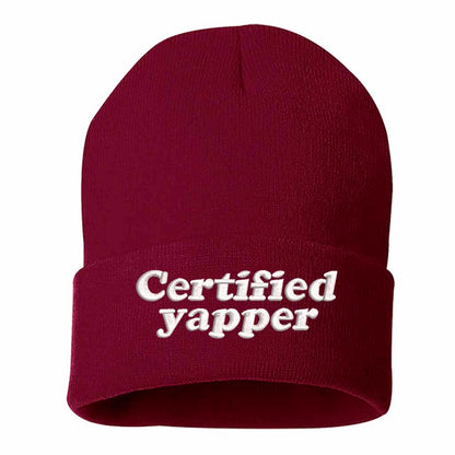 Burgundy Certified Yapper Embroidered Beanie featuring premium stitching on a soft knit winter cap – DSY Lifestyle