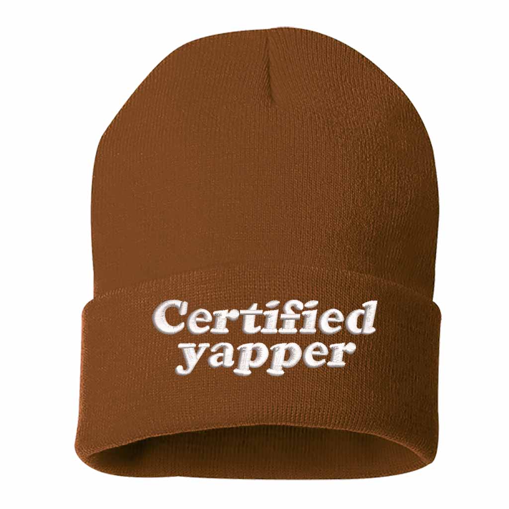 Camel Brown Certified Yapper Embroidered Beanie featuring premium stitching on a soft knit winter cap – DSY Lifestyle