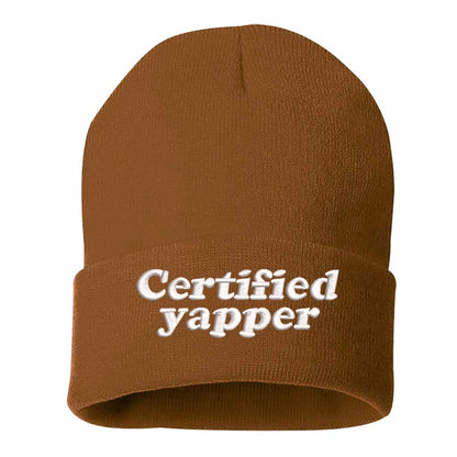 Camel Brown Certified Yapper Embroidered Beanie featuring premium stitching on a soft knit winter cap – DSY Lifestyle