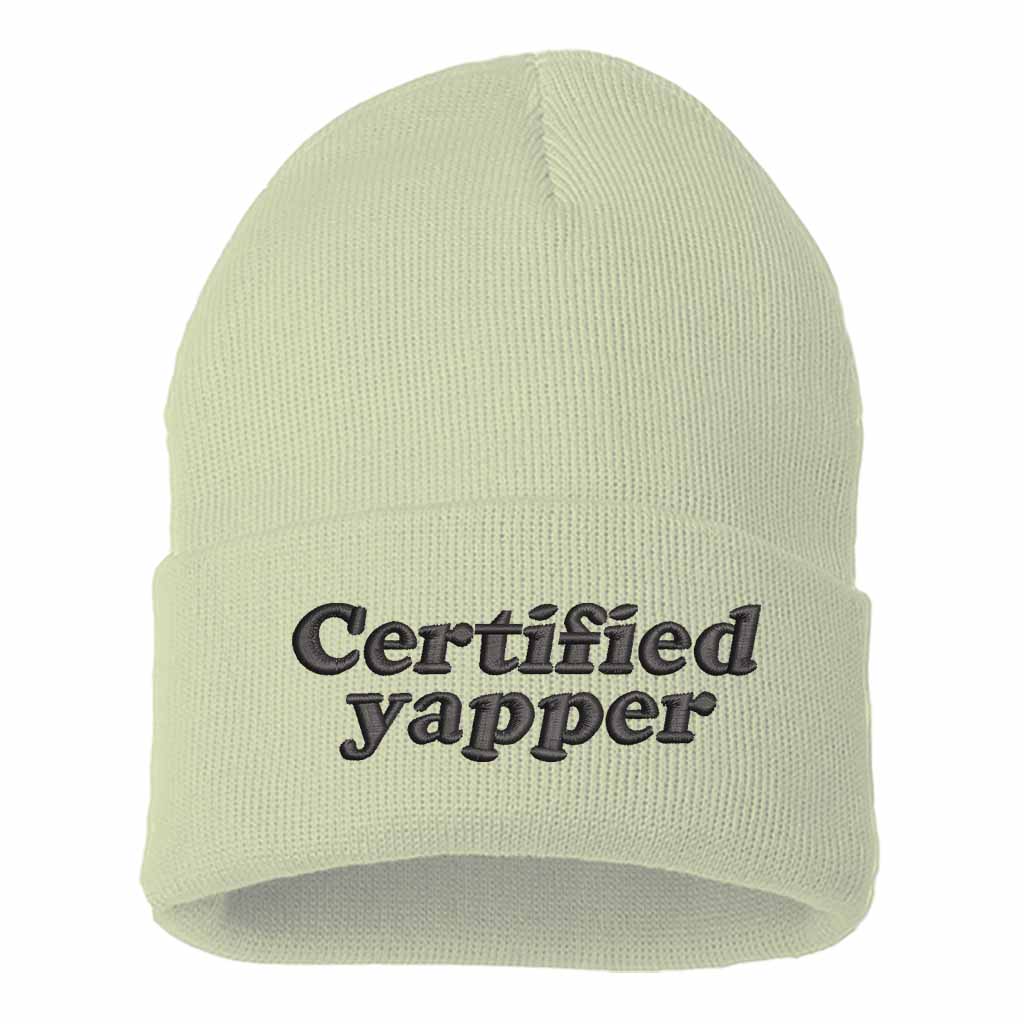 Cream with black thread Certified Yapper Embroidered Beanie featuring premium stitching on a soft knit winter cap – DSY Lifestyle 