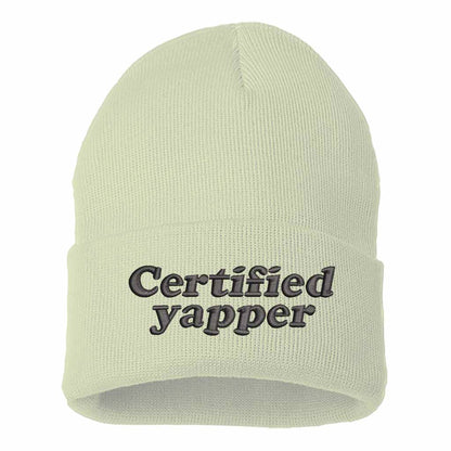 Cream with black thread Certified Yapper Embroidered Beanie featuring premium stitching on a soft knit winter cap – DSY Lifestyle 