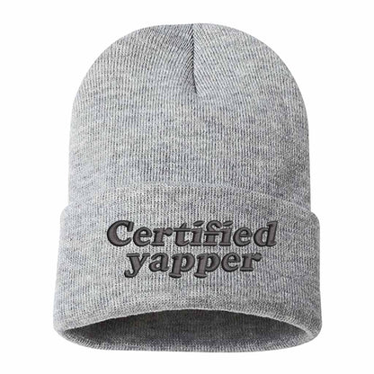 Heather Gray with black thread Certified Yapper Embroidered Beanie featuring premium stitching on a soft knit winter cap – DSY Lifestyle