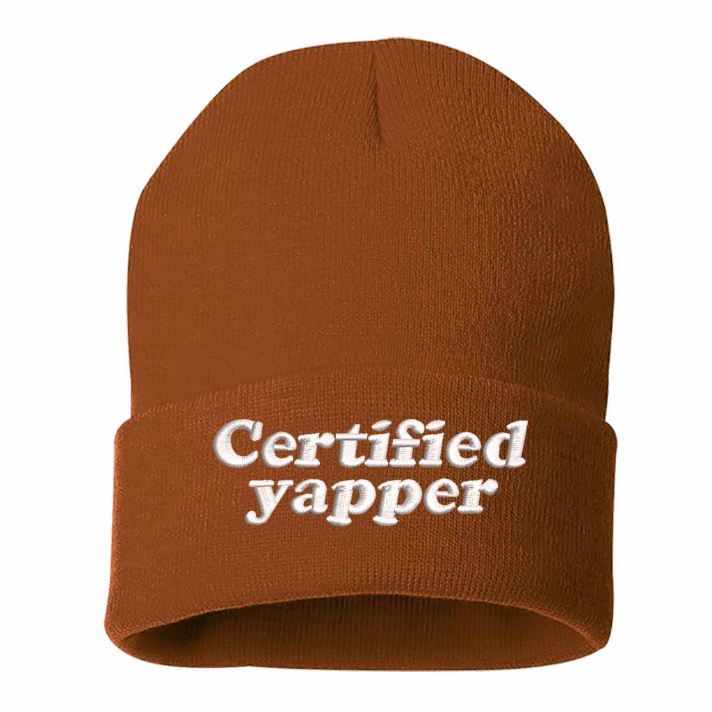 Texas Orange Certified Yapper Embroidered Beanie featuring premium stitching on a soft knit winter cap – DSY Lifestyle