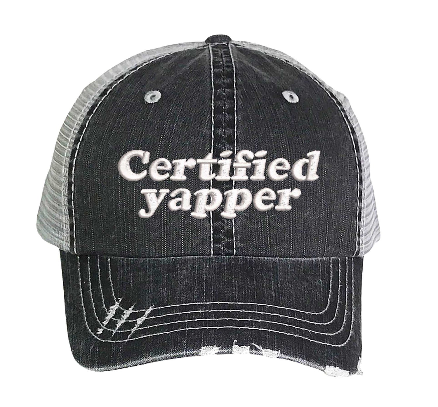 Black DSY Lifestyle distressed trucker hat featuring the phrase Certified Yapper in bold, professional embroidery. - DSY Lifestyle