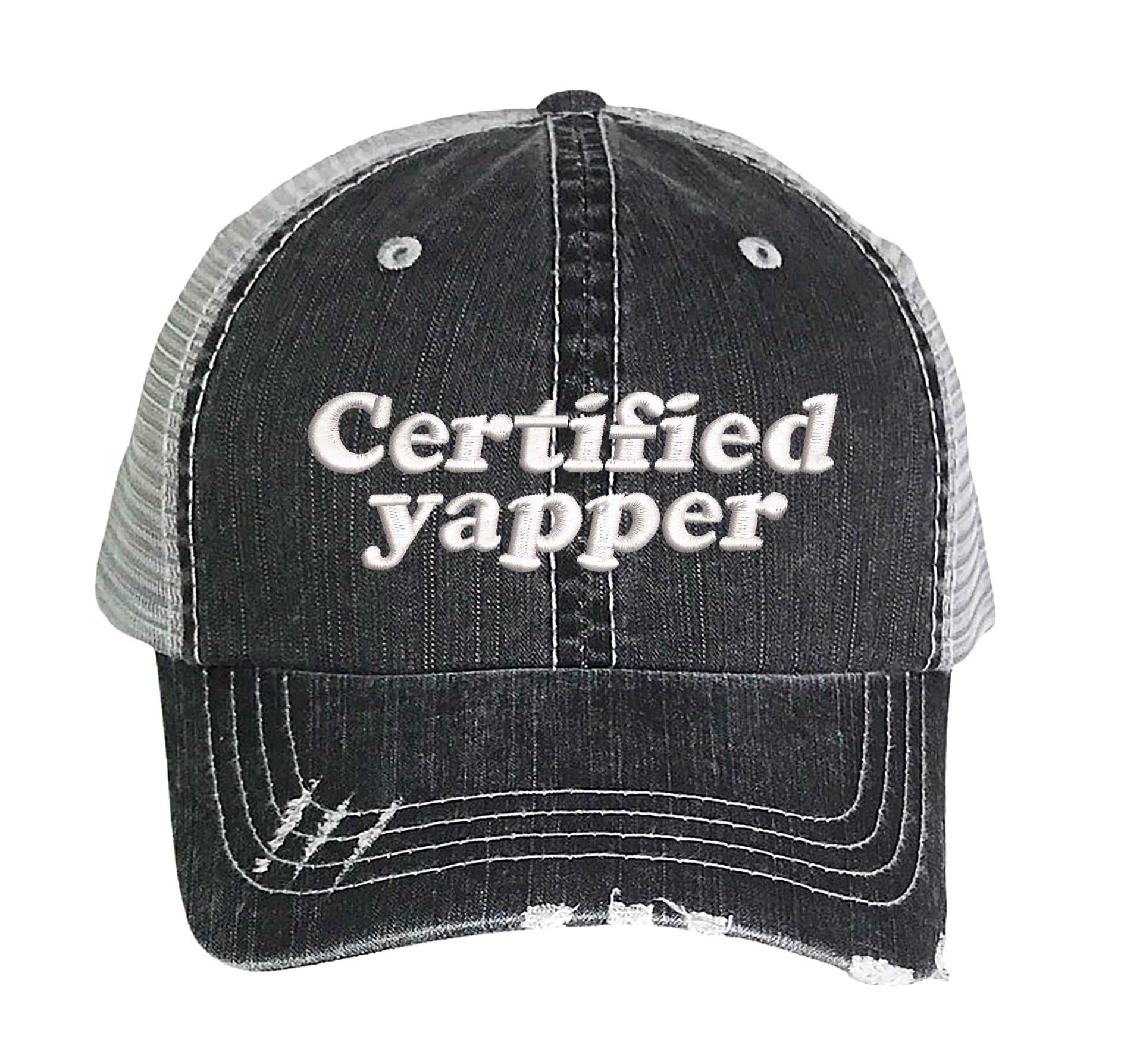 Black DSY Lifestyle distressed trucker hat featuring the phrase Certified Yapper in bold, professional embroidery. - DSY Lifestyle