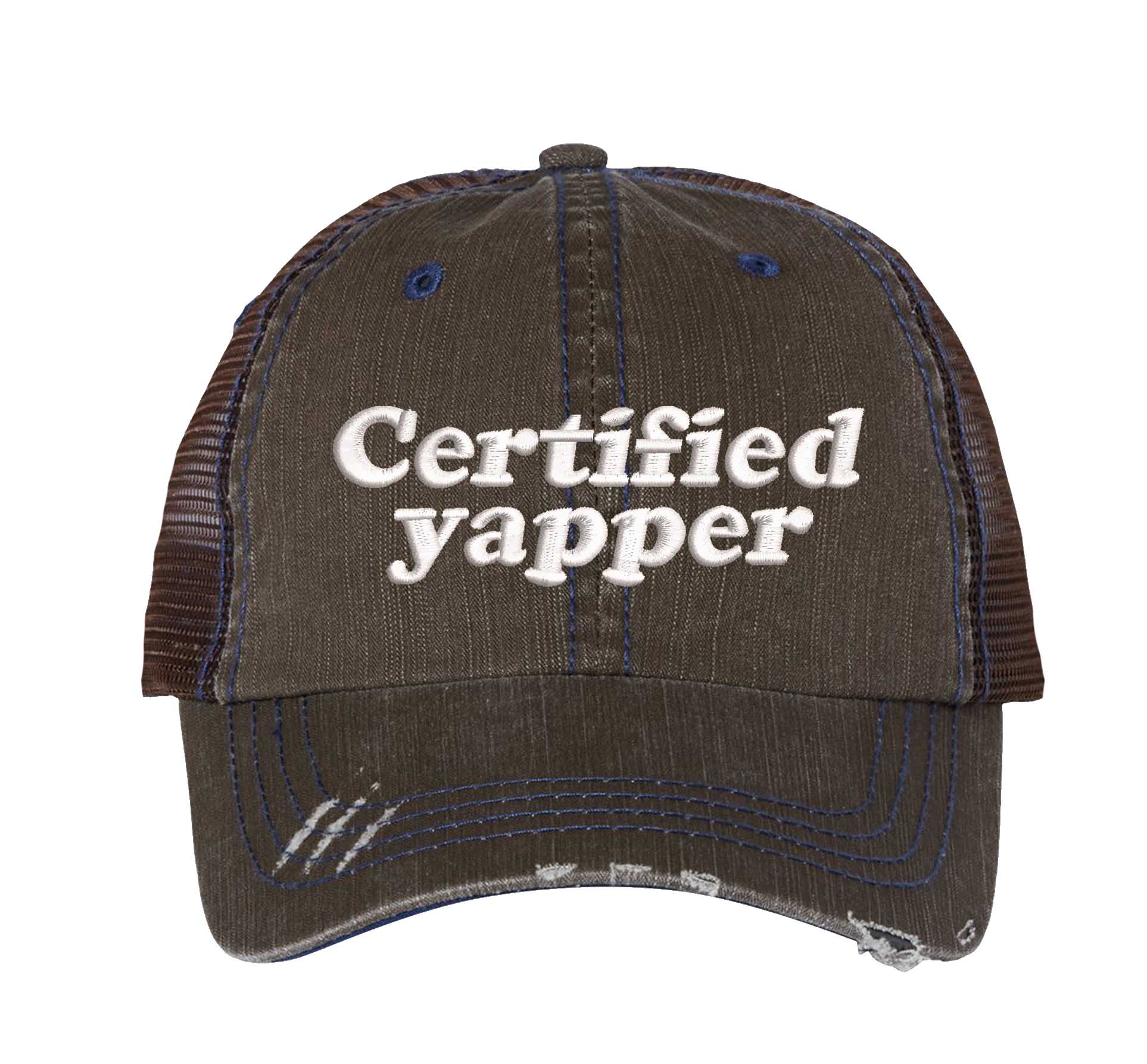 Brown DSY Lifestyle distressed trucker hat featuring the phrase Certified Yapper in bold, professional embroidery. - DSY Lifestyle
