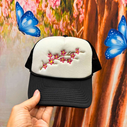 Black Trucker hat with white front embroidered with cherry blossom - DSY Lifestyle