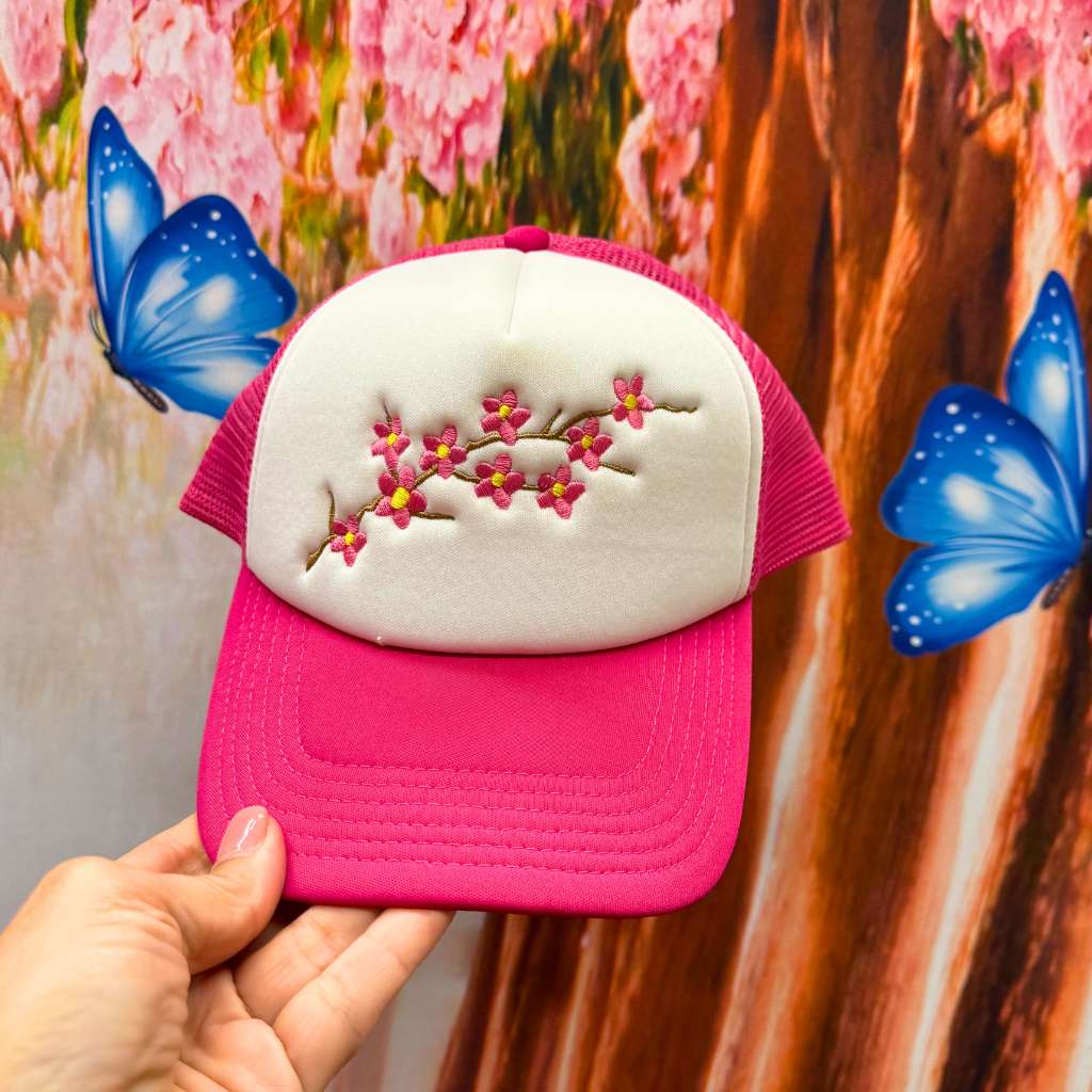 Hot Pink Trucker hat with white front embroidered with cherry blossom - DSY Lifestyle