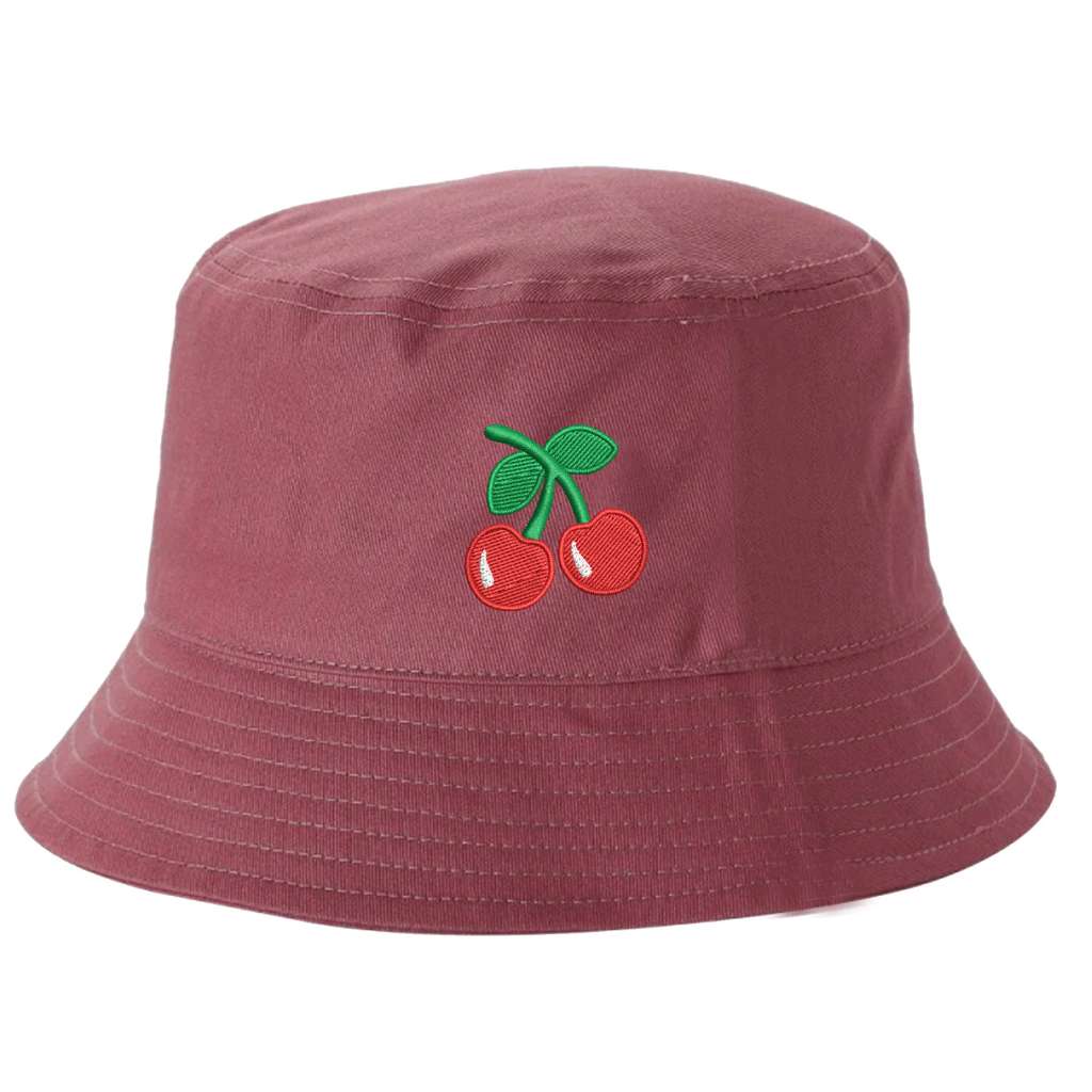 Dark mauve bucket hat with a cherry embroidered on it-DSY Lifestyle