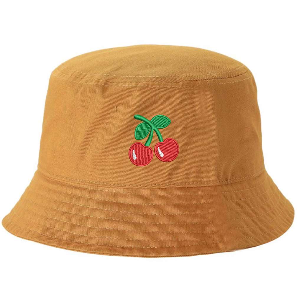 Mustard bucket hat with a cherry embroidered on it-DSY Lifestyle