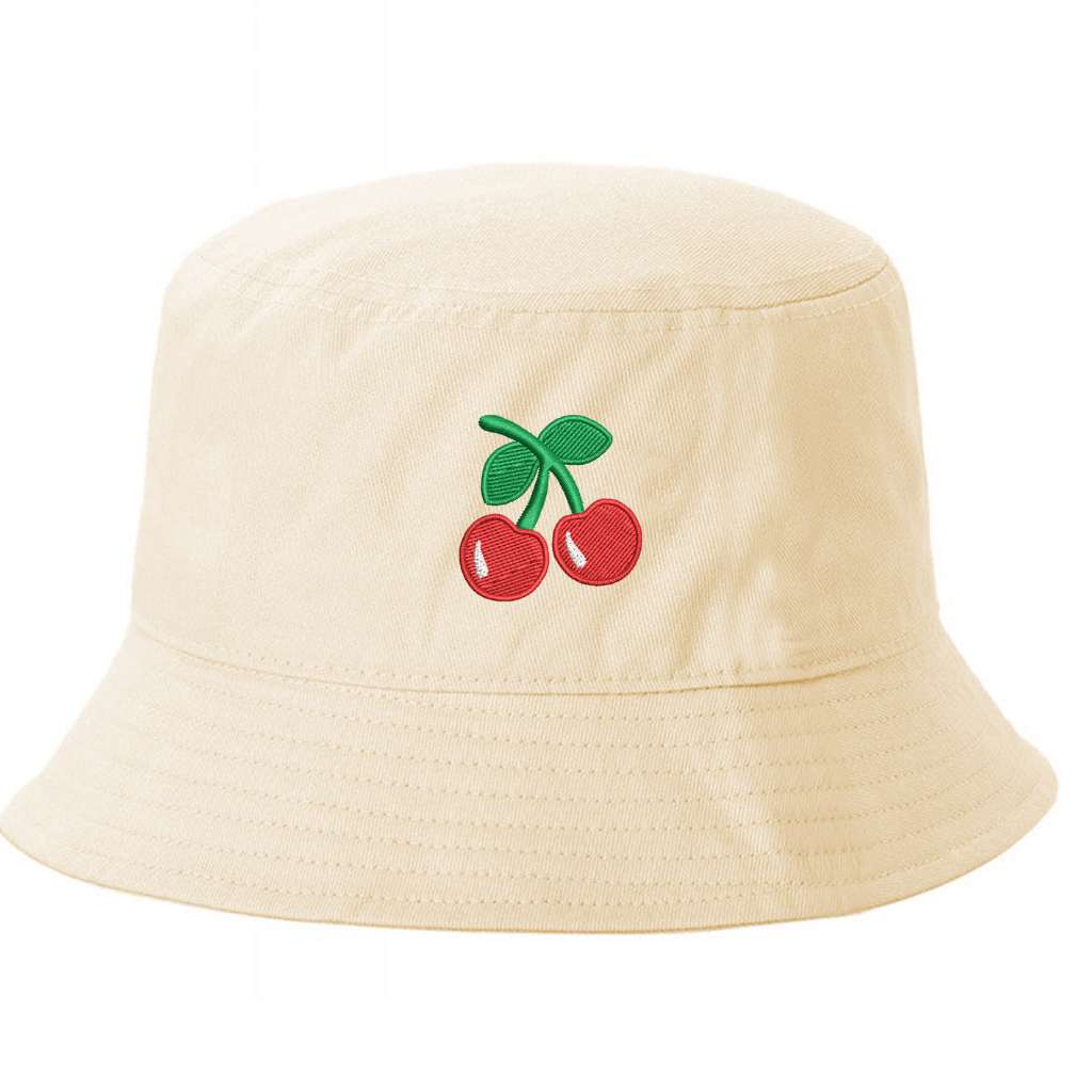 Stone bucket hat with a cherry embroidered on it-DSY Lifestyle