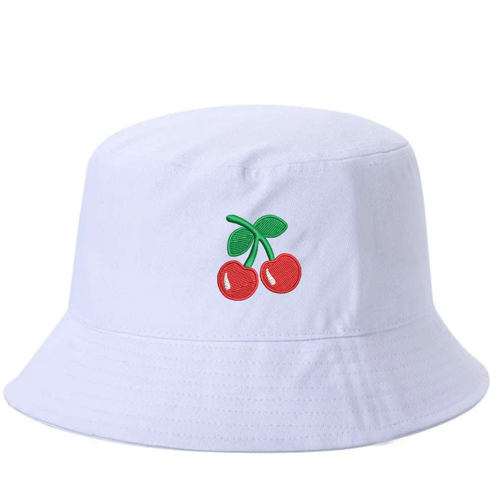 White bucket hat with a cherry embroidered on it-DSY Lifestyle