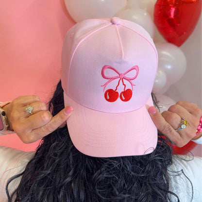 Cherry Bow Embroidered 5 Panel Baseball Hat