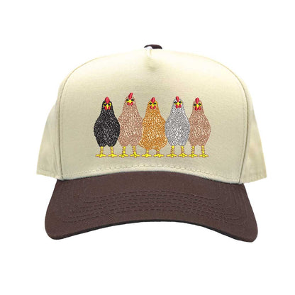 Natural Brown DSY Lifestyle two-tone baseball hat with a natural-colored crown and contrasting bill, featuring an embroidered graphic of a mother hen and three small chicks. - DSY Lifestyle