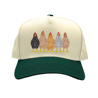 Natural Forest Green DSY Lifestyle two-tone baseball hat with a natural-colored crown and contrasting bill, featuring an embroidered graphic of a mother hen and three small chicks. - DSY Lifestyle