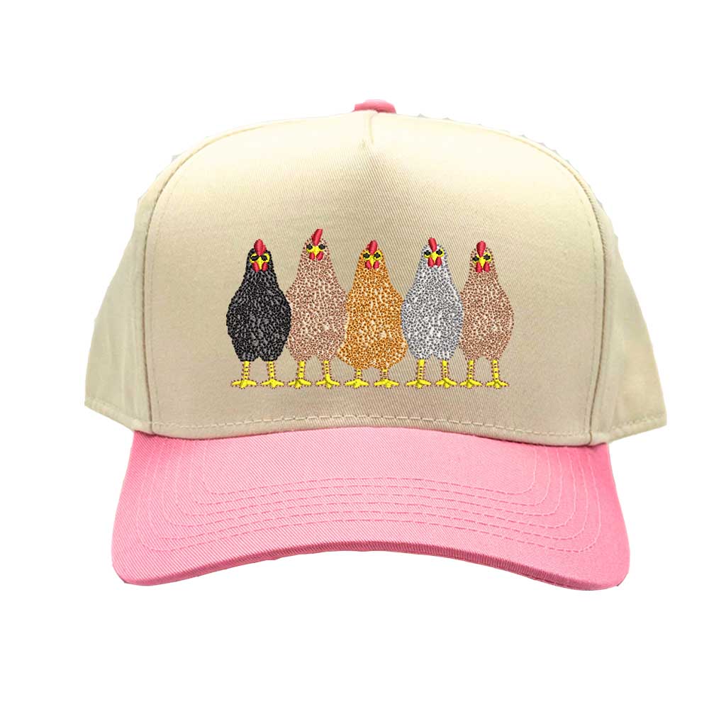 Natural Light Pink DSY Lifestyle two-tone baseball hat with a natural-colored crown and contrasting bill, featuring an embroidered graphic of a mother hen and three small chicks. - DSY Lifestyle