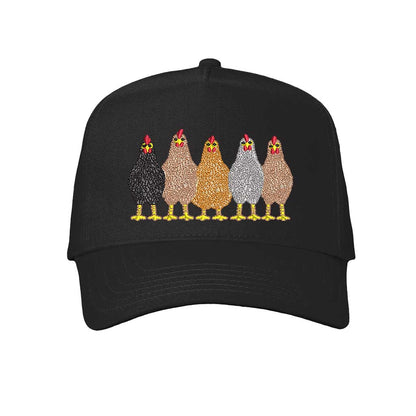 Solid Black DSY Lifestyle 5-panel baseball hat, featuring an embroidered graphic of a mother hen and three small chicks. - DSY Lifestyle
