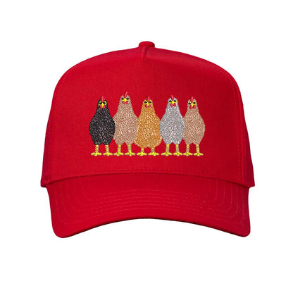 Solid Red DSY Lifestyle 5-panel baseball hat, featuring an embroidered graphic of a mother hen and three small chicks. - DSY Lifestyle
