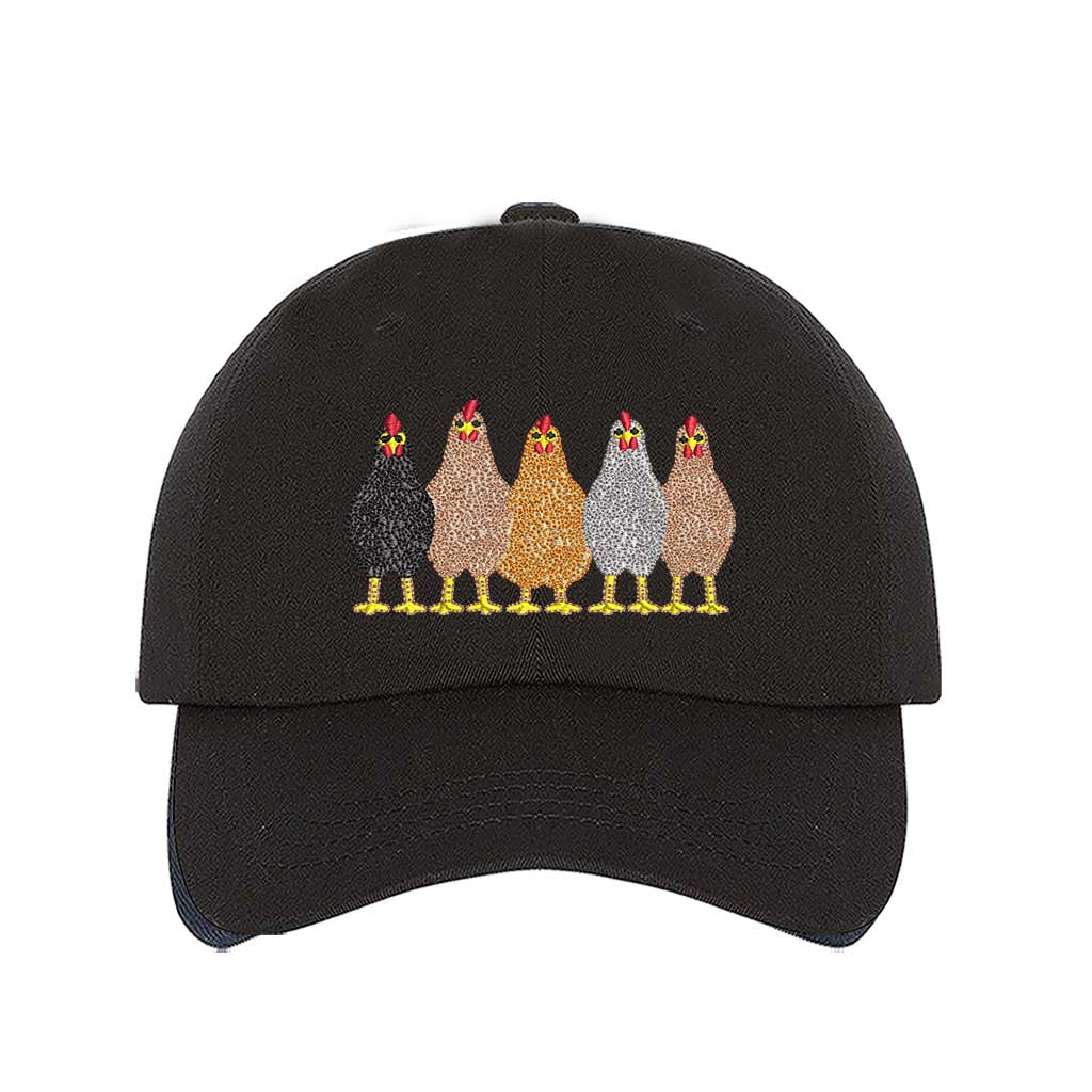 Black premium DSY Lifestyle cotton baseball hat featuring a detailed embroidered graphic of a mother hen followed by a family of small chicks. - DSY Lifestyle