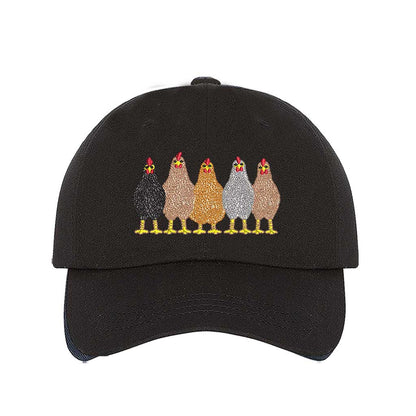 Black premium DSY Lifestyle cotton baseball hat featuring a detailed embroidered graphic of a mother hen followed by a family of small chicks. - DSY Lifestyle
