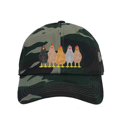 Camo premium DSY Lifestyle cotton baseball hat featuring a detailed embroidered graphic of a mother hen followed by a family of small chicks. - DSY Lifestyle