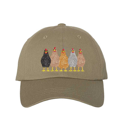 Khaki premium DSY Lifestyle cotton baseball hat featuring a detailed embroidered graphic of a mother hen followed by a family of small chicks. - DSY Lifestyle