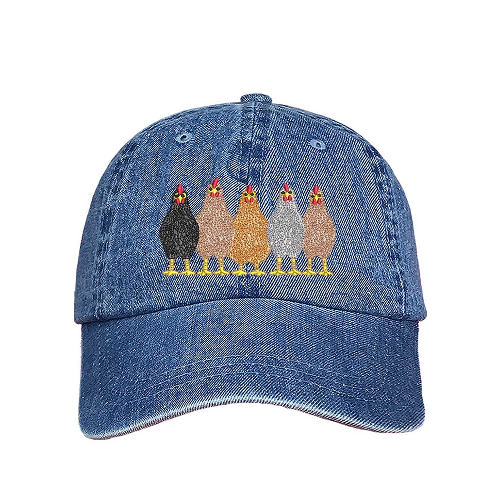 Light Denim  premium DSY Lifestyle cotton baseball hat featuring a detailed embroidered graphic of a mother hen followed by a family of small chicks. - DSY Lifestyle