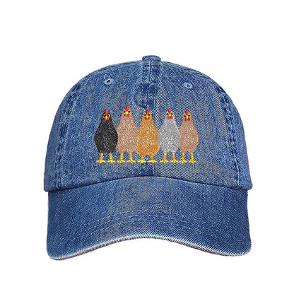 Light Denim  premium DSY Lifestyle cotton baseball hat featuring a detailed embroidered graphic of a mother hen followed by a family of small chicks. - DSY Lifestyle