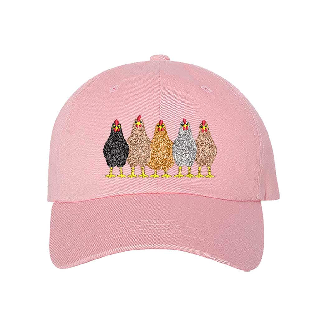 Light Denim premium DSY Lifestyle cotton baseball hat featuring a detailed embroidered graphic of a mother hen followed by a family of small chicks. - DSY Lifestyle