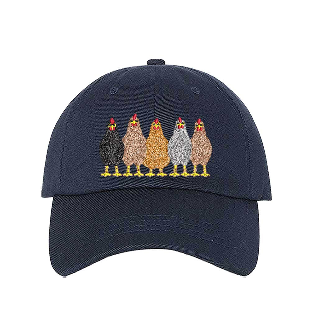Navy Blue  premium DSY Lifestyle cotton baseball hat featuring a detailed embroidered graphic of a mother hen followed by a family of small chicks. - DSY Lifestyle