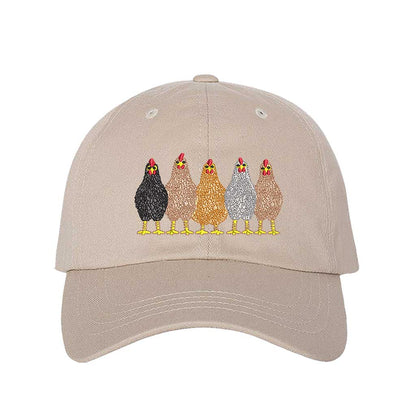 Stone premium DSY Lifestyle cotton baseball hat featuring a detailed embroidered graphic of a mother hen followed by a family of small chicks. - DSY Lifestyle
