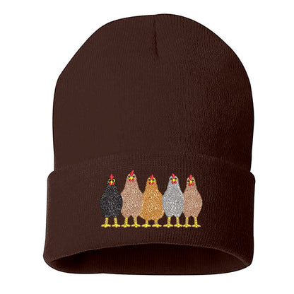 Brown DSY Lifestyle ribbed knit beanie hat featuring an embroidered graphic of a mother hen and her chicks on the front cuff. - DSY Lifestyle